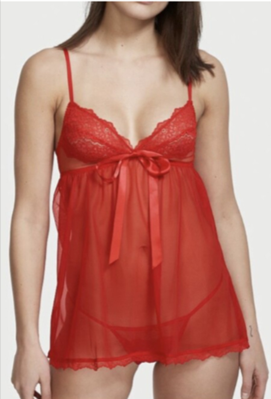 VICTORIA'S SECRET VERY SEXY Sheer Mesh Lace Babydoll Satin Bow Red Nightie L